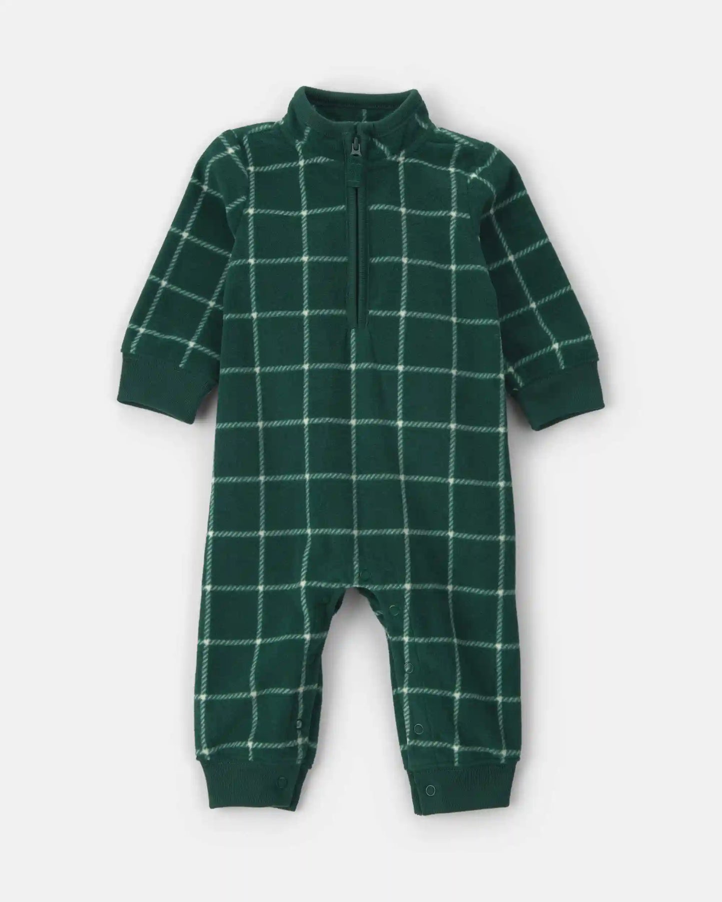 Baby Boy Plaid Fleece Long-Sleeve Jumpsuit - Green