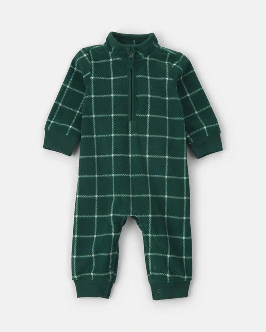 Baby Boy Plaid Fleece Long-Sleeve Jumpsuit - Green