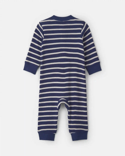 Baby Boy Striped Thermal Long-Sleeve Jumpsuit - Navy Blue