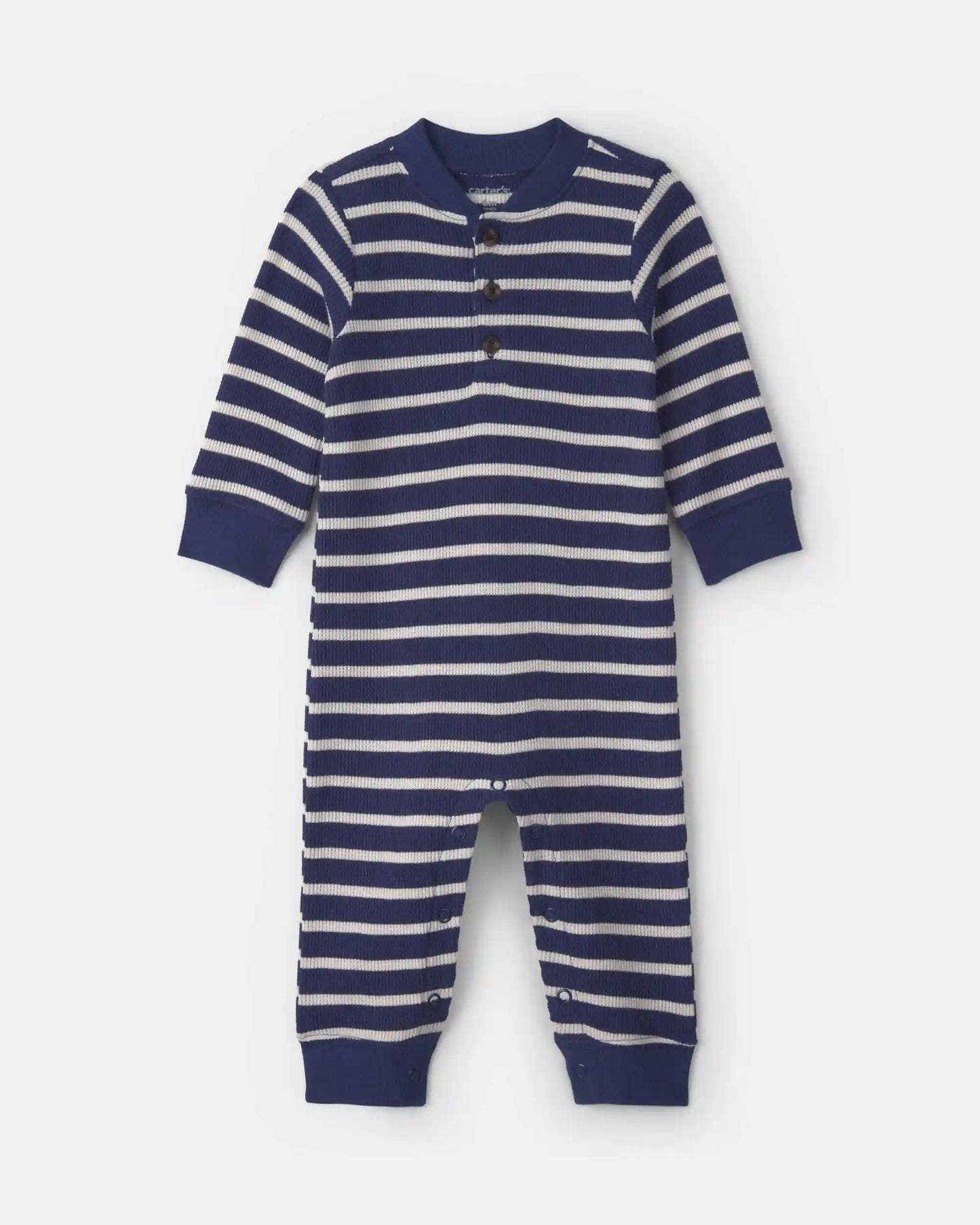 Baby Boy Striped Thermal Long-Sleeve Jumpsuit - Navy Blue
