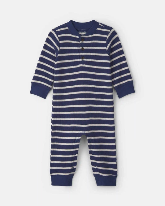 Baby Boy Striped Thermal Long-Sleeve Jumpsuit - Navy Blue