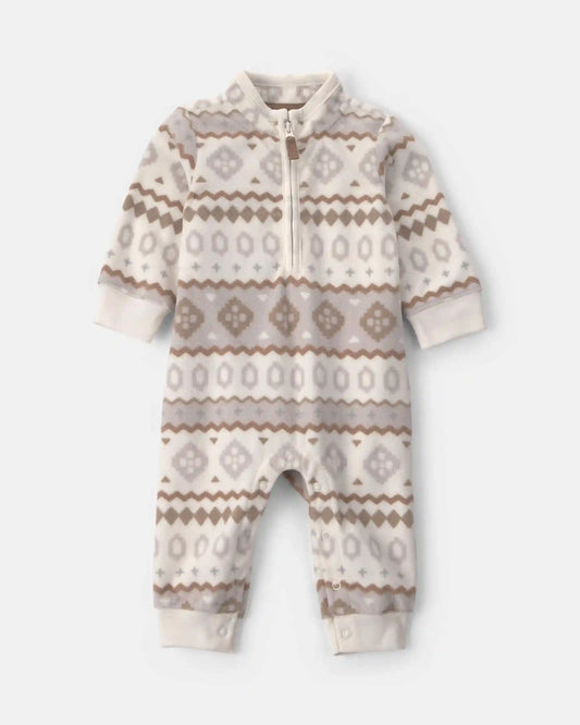 Baby Boy Fair Isle Fleece Long-Sleeve Jumpsuit - Cream/Grey