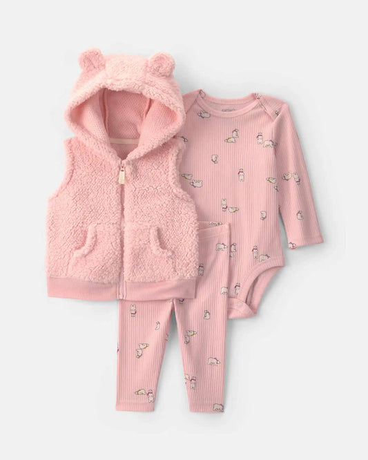 Baby Girl 3-Piece Bear Teddy Fleece Long-Sleeve Layering Set - Pink