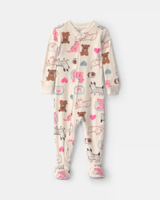 Baby Girl 1-Piece Pets 2-Way Zip DreamPlush Snug Fit Footed Pajama - Cream