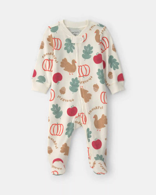 Baby Thanksgiving 100% Cotton 2-Way Zip Sleep & Play Pajamas - Cream