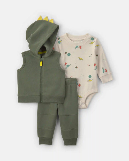 Baby Boy 3-Piece Dinosaur Fleece Layering Set - Green