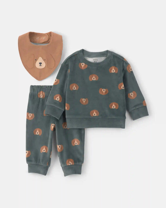 Baby Boy 3-Piece Dog Long-Sleeve Top & Pant Set - Green