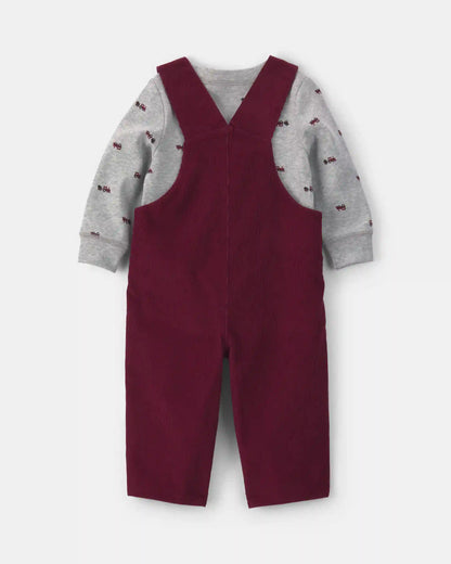 Baby Boy 2-Piece Holiday Corduroy Long-Sleeve Overall Set - Burgundy/Grey