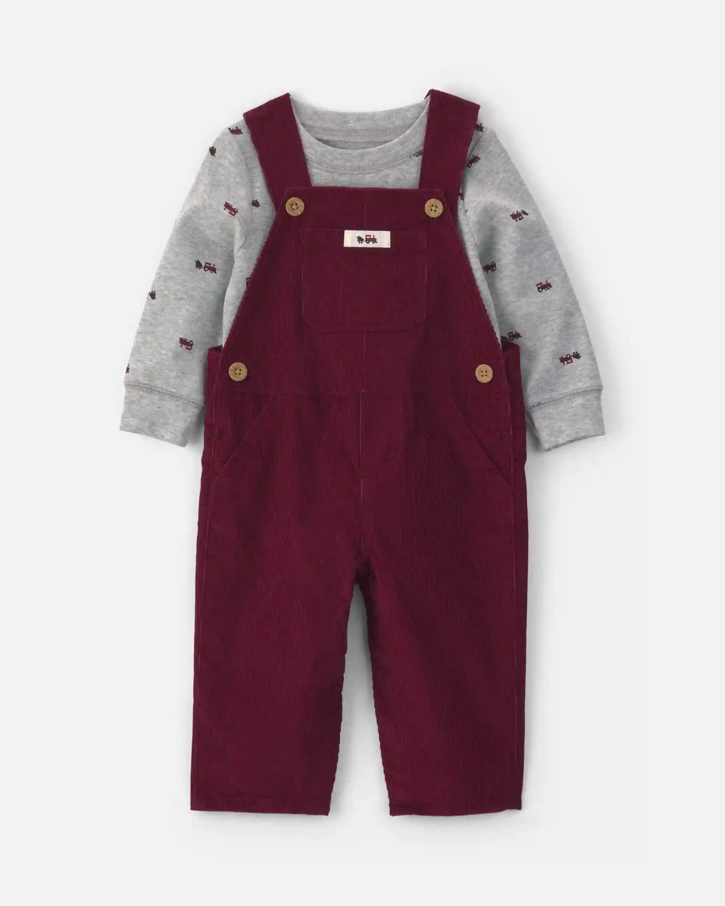 Baby Boy 2-Piece Holiday Corduroy Long-Sleeve Overall Set - Burgundy/Grey