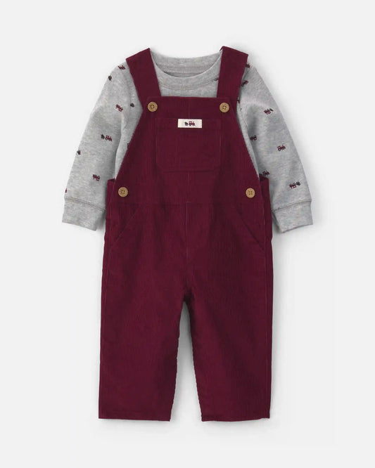 Baby Boy 2-Piece Holiday Corduroy Long-Sleeve Overall Set - Burgundy/Grey