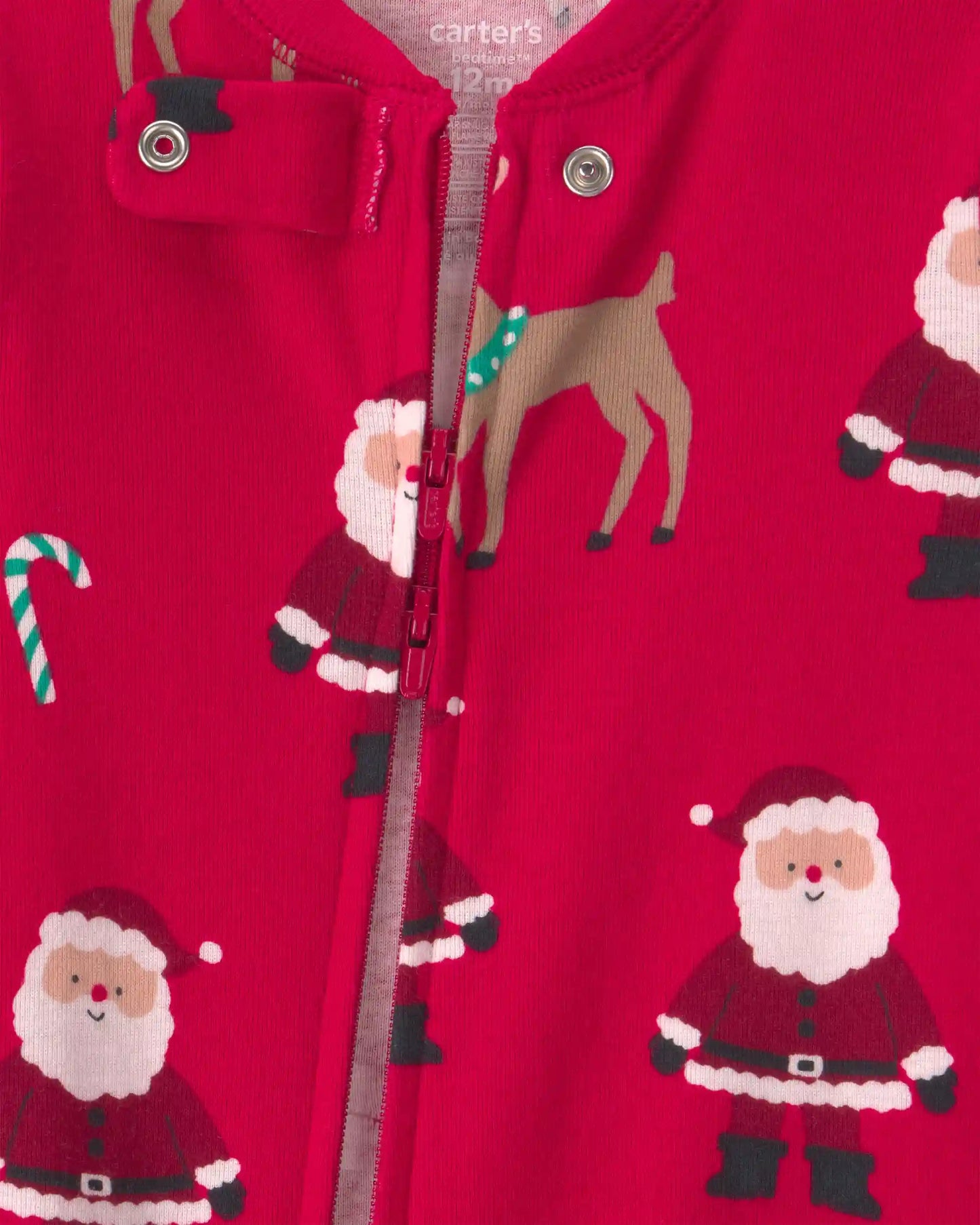 Baby 1-Piece Beige Santa Christmas 2-Way Zip 100% Cotton Snug Fit Footed Pajama - Red