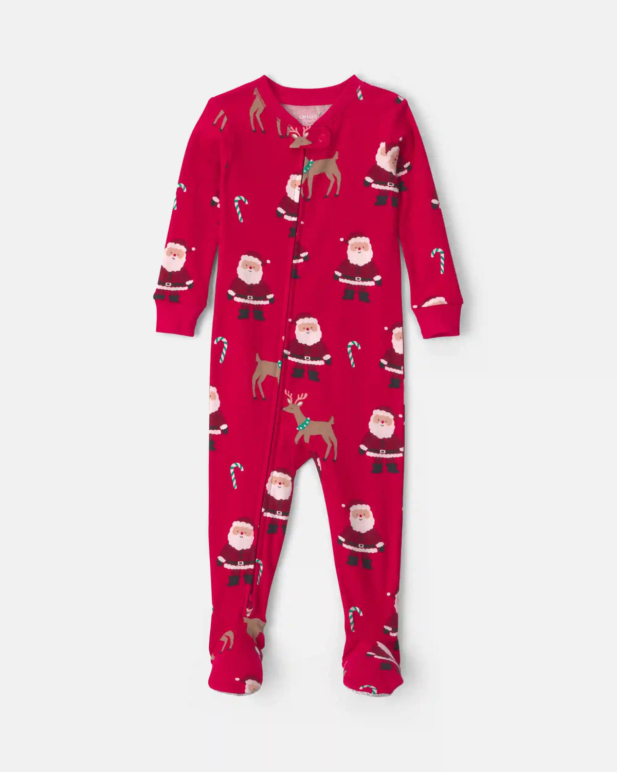 Baby 1-Piece Beige Santa Christmas 2-Way Zip 100% Cotton Snug Fit Footed Pajama - Red