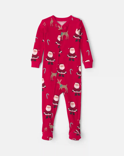 Baby 1-Piece Beige Santa Christmas 2-Way Zip 100% Cotton Snug Fit Footed Pajama - Red