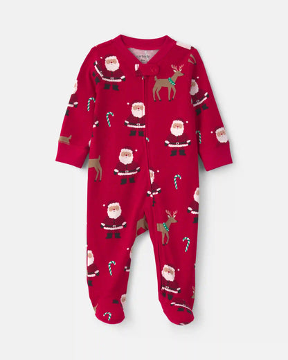 Baby Beige Santa Christmas 100% Cotton 2-Way Zip Sleep & Play Pajamas - Red