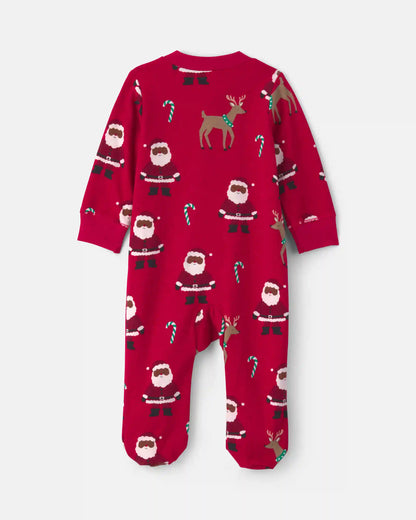 Baby Brown Santa Christmas 100% Cotton 2-Way Zip Sleep & Play Pajamas - Red