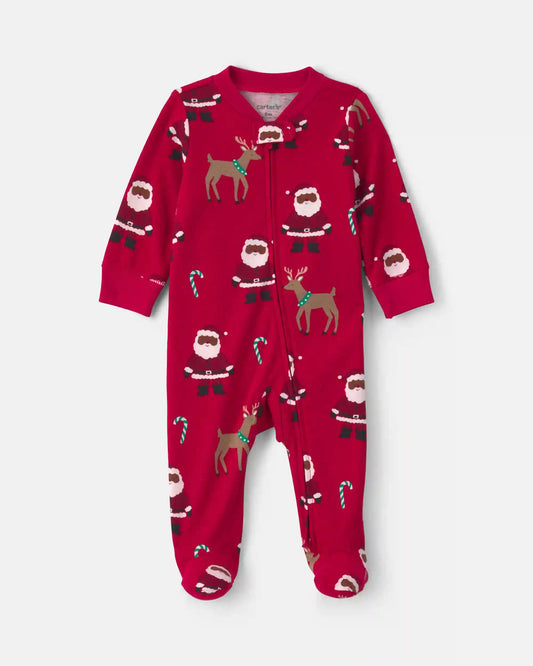 Baby Brown Santa Christmas 100% Cotton 2-Way Zip Sleep & Play Pajamas - Red