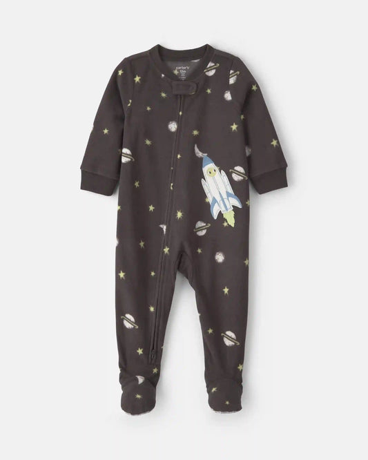 Baby Boy 1-Piece Space 2-Way Zip Fleece Loose Fit Footed Pajama - Black