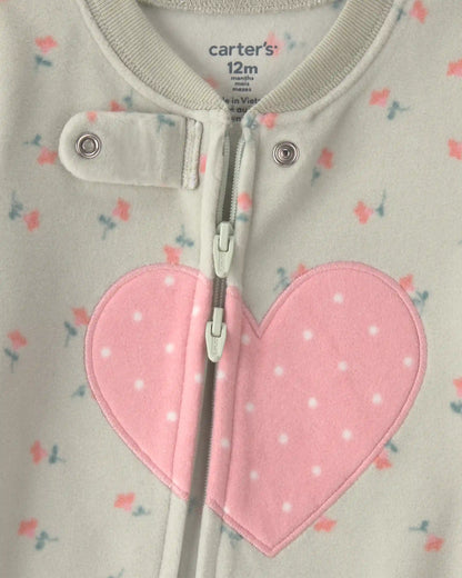 Baby Girl 1-Piece Heart 2-Way Zip Fleece Loose Fit Footed Pajama - Green