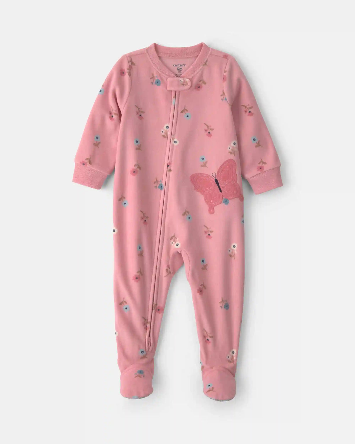 Baby Girl 1-Piece Butterfly 2-Way Zip Fleece Loose Fit Footed Pajama - Pink