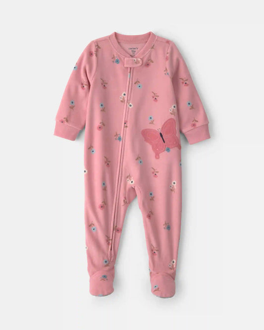 Baby Girl 1-Piece Butterfly 2-Way Zip Fleece Loose Fit Footed Pajama - Pink