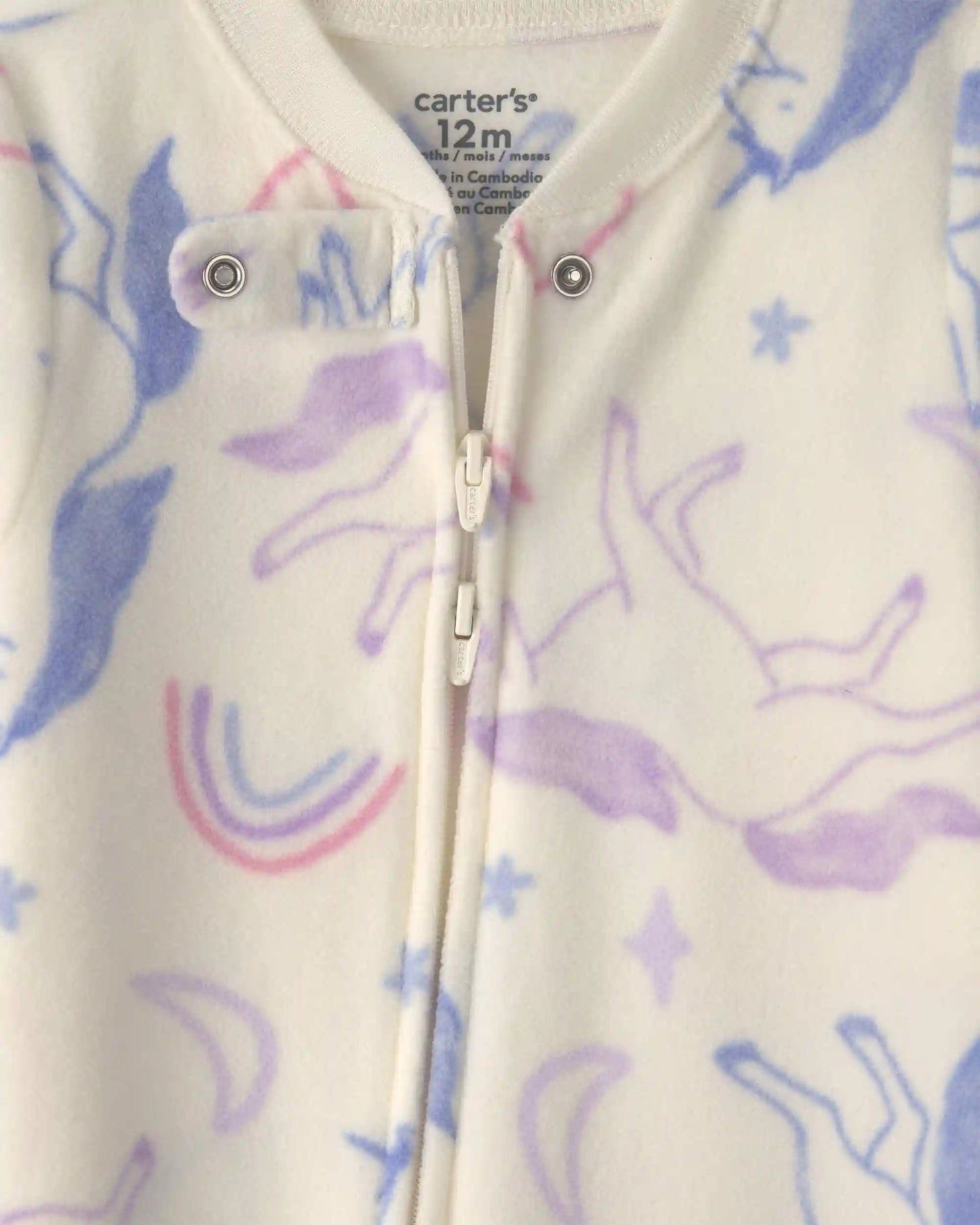 Baby Girl 1-Piece Unicorn 2-Way Zip Fleece Loose Fit Footed Pajama - Cream