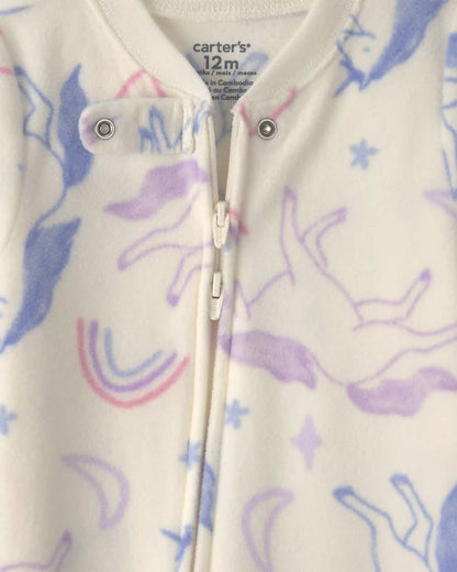 Baby Girl 1-Piece Unicorn 2-Way Zip Fleece Loose Fit Footed Pajama - Cream