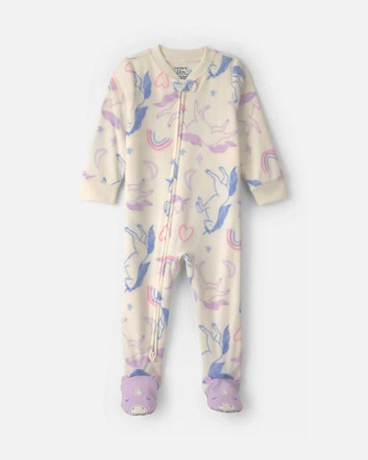 Baby Girl 1-Piece Unicorn 2-Way Zip Fleece Loose Fit Footed Pajama - Cream