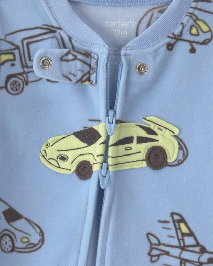 Baby Boy 1-Piece Racecar 2-Way Zip Fleece Loose Fit Footed Pajama - Blue/Green