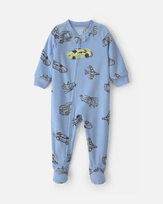 Baby Boy 1-Piece Racecar 2-Way Zip Fleece Loose Fit Footed Pajama - Blue/Green