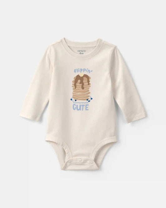 Baby Girl 'Flippin' Cute' Pancake Long-Sleeve Graphic Bodysuit - Cream