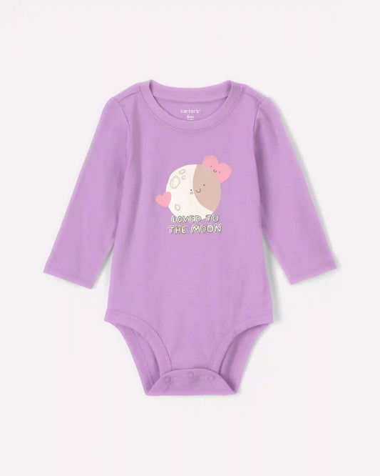 Baby Girl 'Loved To The Moon' Long-Sleeve Graphic Bodysuit - Purple