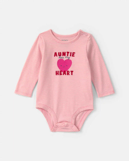 Baby Girl 'Auntie Has My Heart' Striped Long-Sleeve Graphic Bodysuit - Pink
