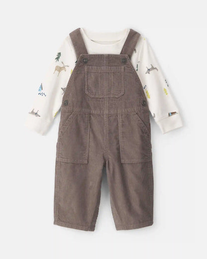 Baby Boy 2-Piece Outdoors Corduroy Long-Sleeve Overall Set - Brown/Cream