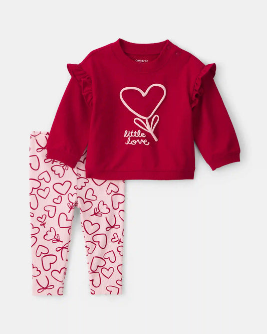 Baby Girl 2-Piece 'Little Love' Valentine's Day French Terry Top & Pant Set - Red/Pink