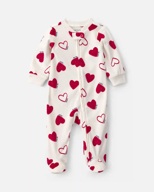 Baby 2-Way Zip Valentine's Day Velvety Sleep & Play Pajamas - Cream/Red