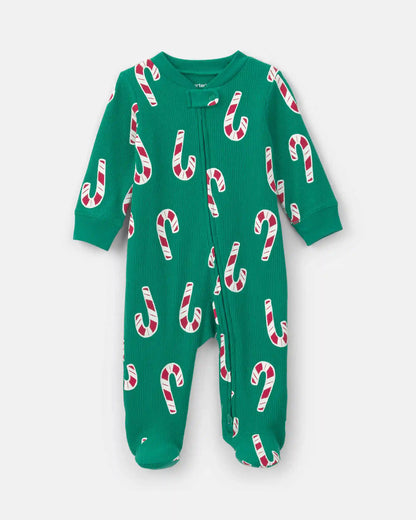 Baby Boy Candy Cane Christmas Thermal Sleep & Play Pajamas - Green