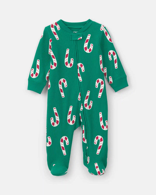 Baby Boy Candy Cane Christmas Thermal Sleep & Play Pajamas - Green