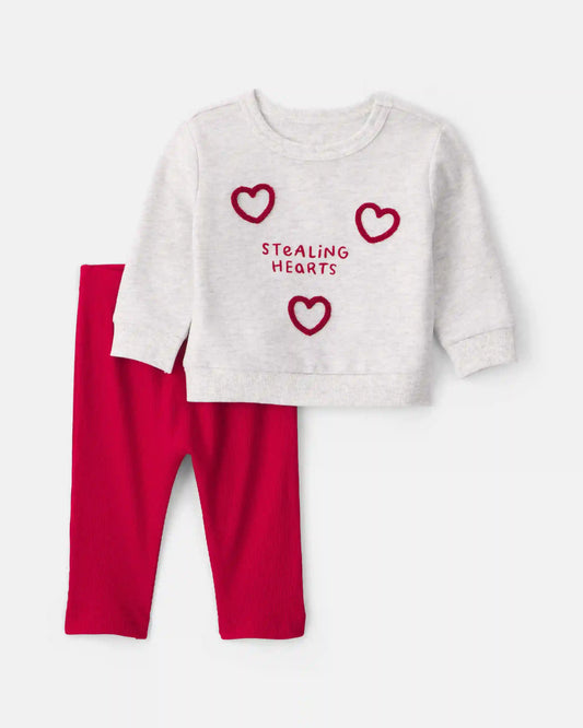 Baby 2-Piece 'Stealing Hearts' Valentine's Day French Terry Top & Pant Set - Red/Grey
