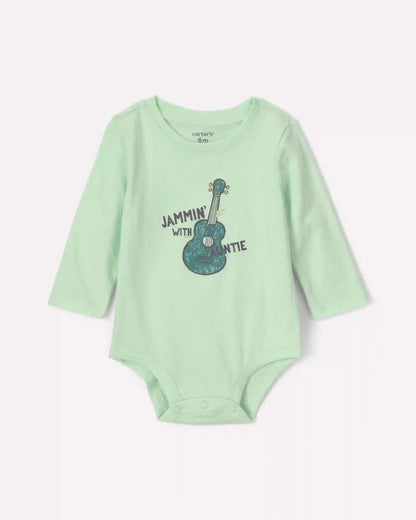 Baby Boy 'Jammin' With Auntie' Long-Sleeve Graphic Bodysuit - Green