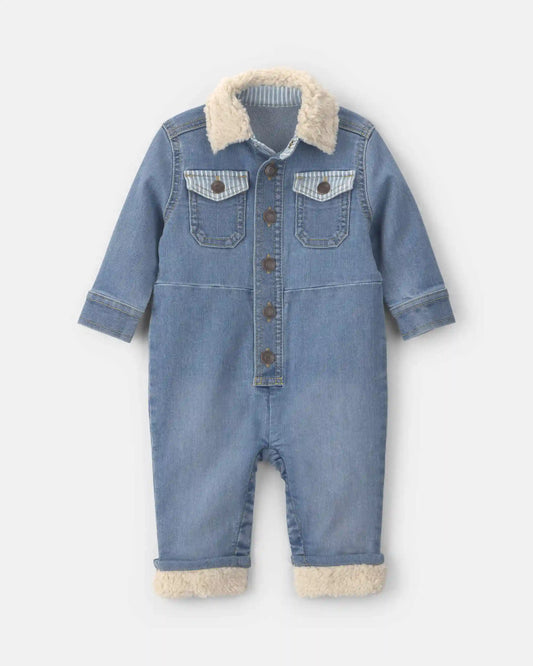 Baby Boy Long-Sleeve Denim Jumpsuit - Light Wash