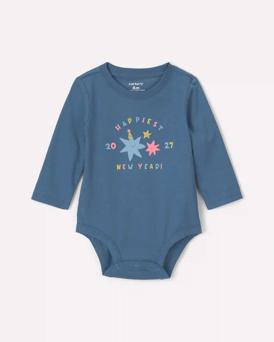 Baby 'Happiest New Year' Long-Sleeve Graphic Bodysuit - Blue