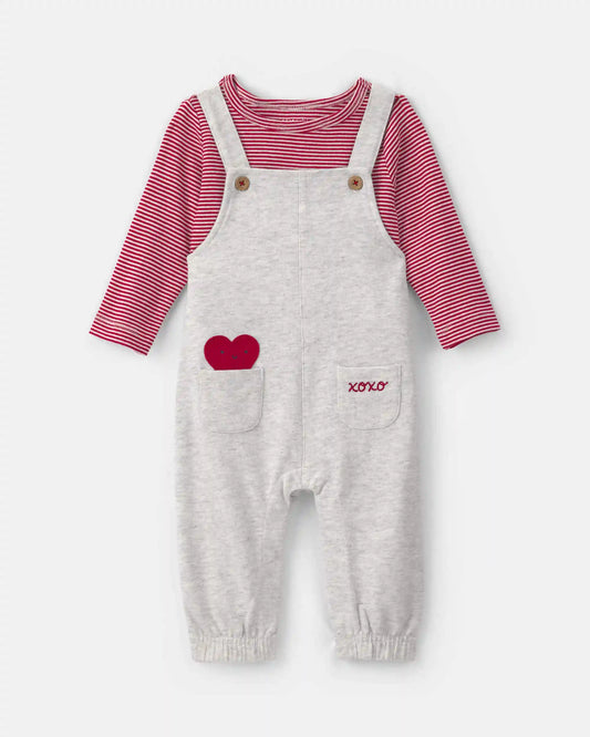 Baby Boy 2-Piece Valentine's Day French Terry Long-Sleeve Overall Set - Red/Grey