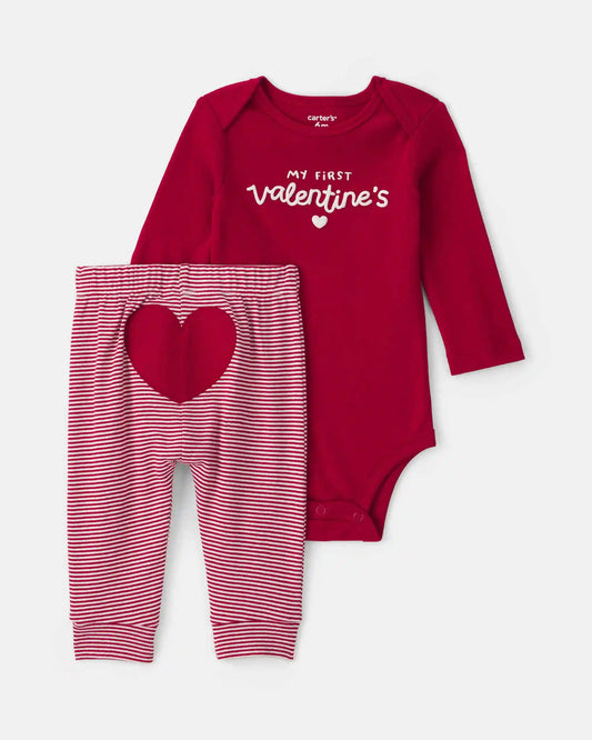 Baby 2-Piece 'My First Valentine's' Long-Sleeve Bodysuit & Pant Set - Red