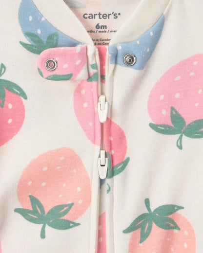 Baby Girl 2-Way Zip Strawberry Cotton Sleep & Play Pajamas - Cream/Blue/Coral