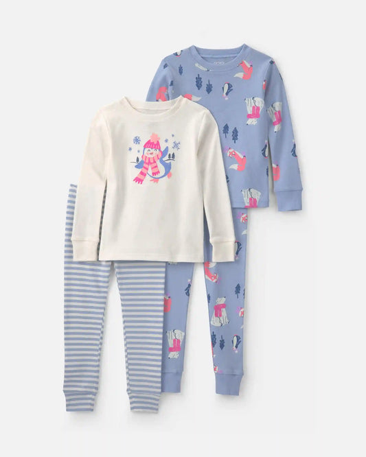 Baby Girl Penguin Winter Cotton Snug Fit 4-Piece Pajama Set - Purple/White