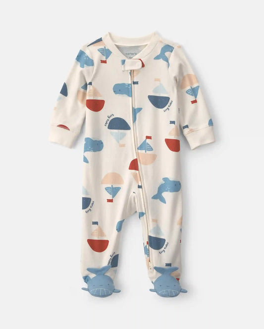 Baby Boy 2-Way Zip Sailboat Whale Cotton Sleep & Play Pajamas - Cream/Blue