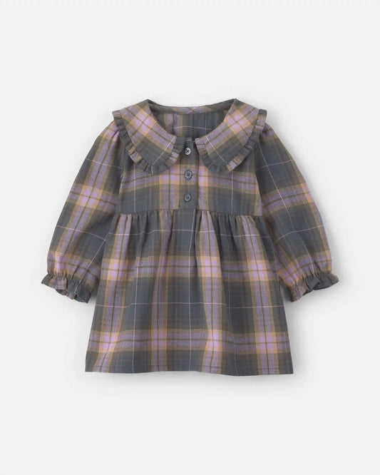 Baby Girl Plaid Peter Pan Collar Long-Sleeve Dress - Grey/Pink