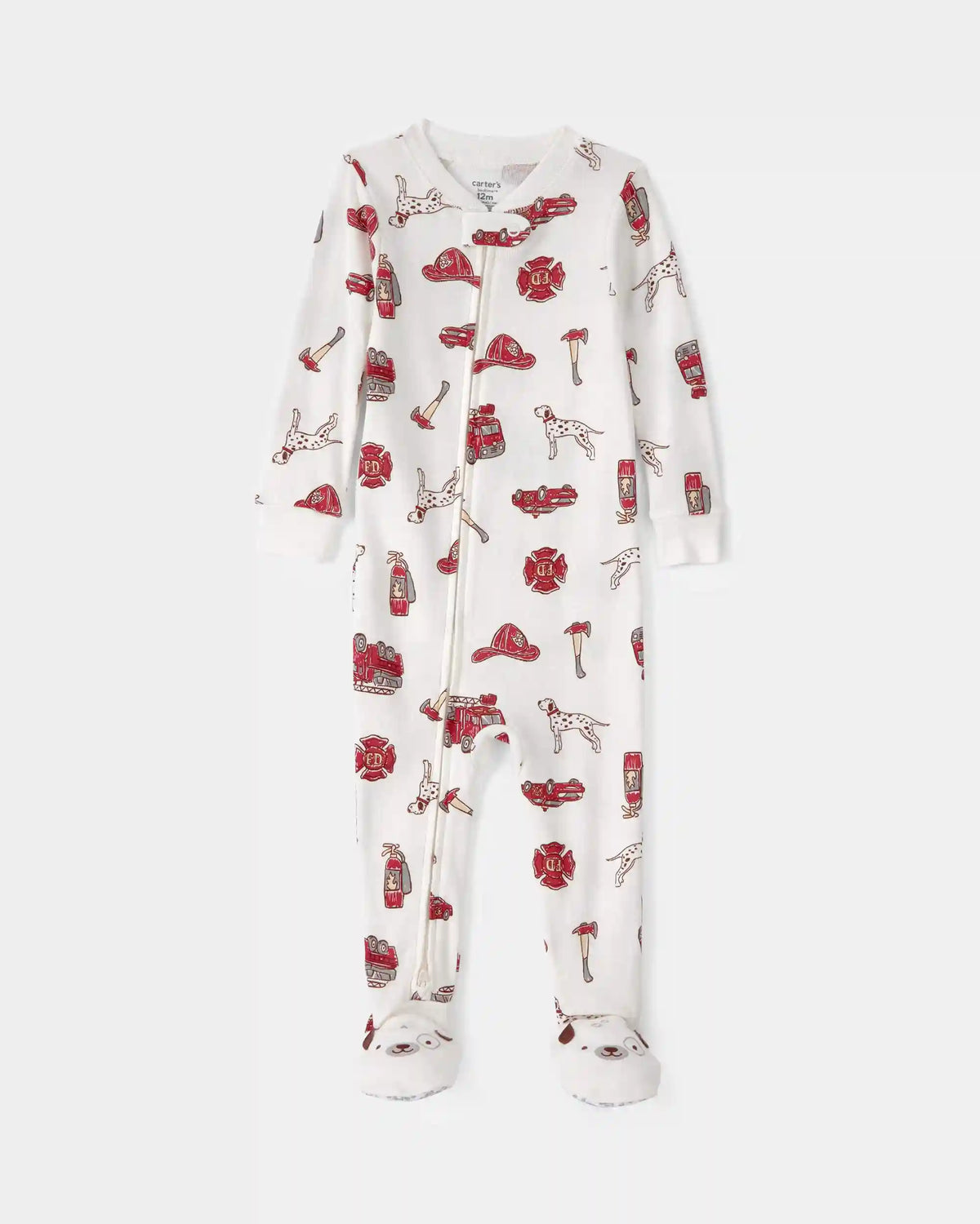 Toddler Boy Firetruck 100% Cotton Snug Fit 1-Piece Pajama - White