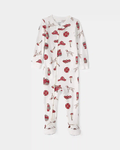Toddler Boy Firetruck 100% Cotton Snug Fit 1-Piece Pajama - White