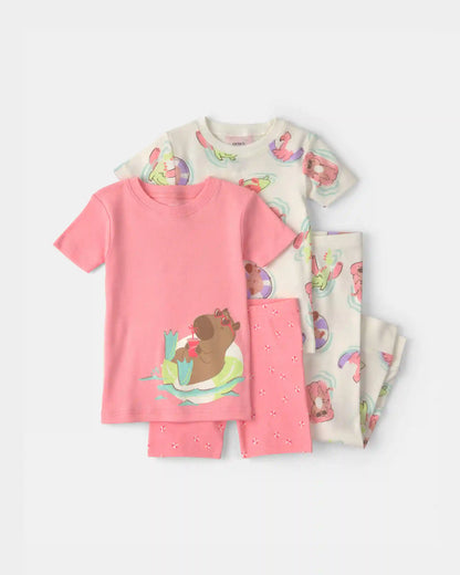Toddler Girl Pool Party 100% Cotton 4-Piece Pajama Set - Pink/Ivory
